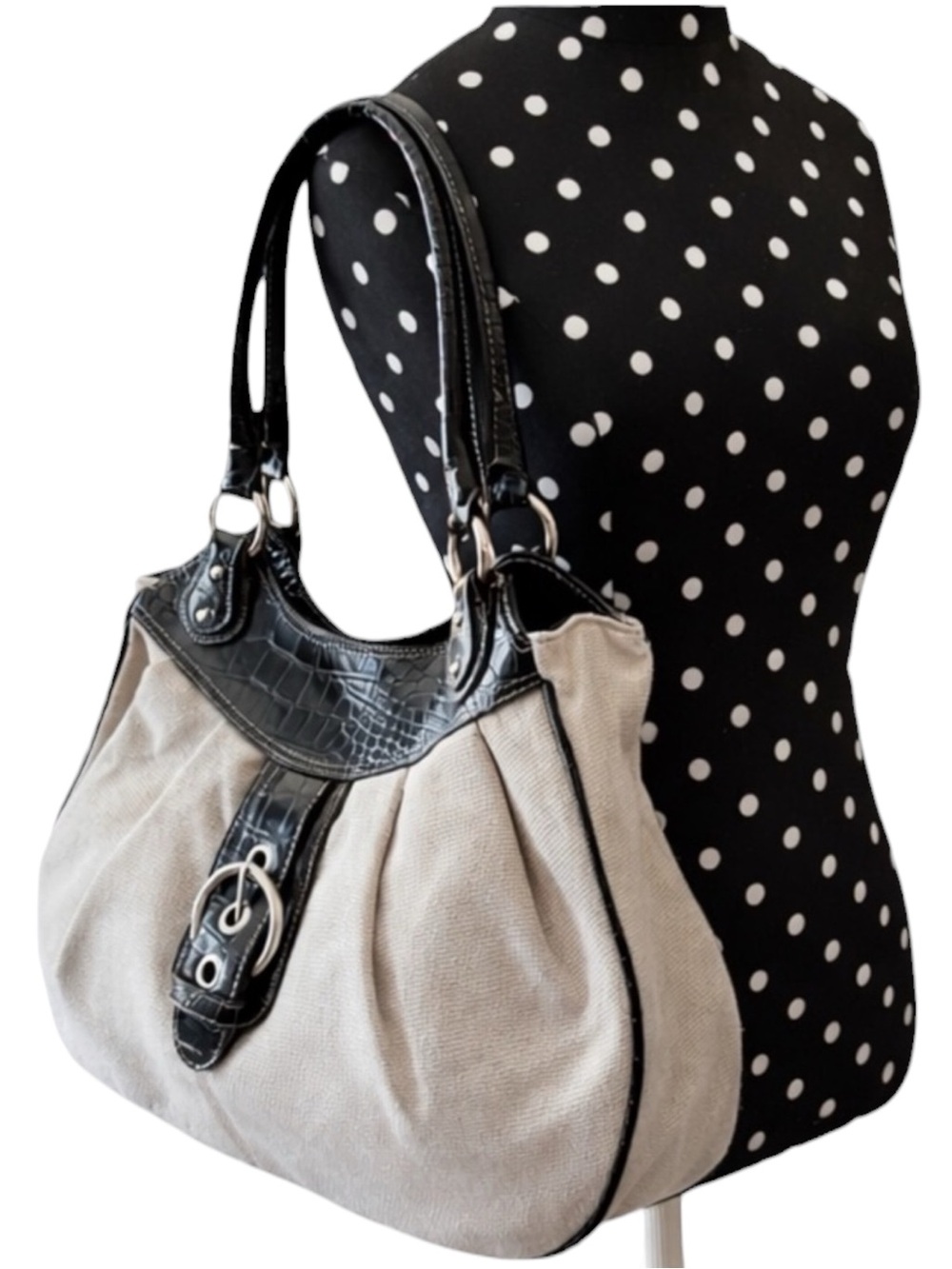 Nine West Y2K Ivory Woven Shoulder Bag Black Croc Patent Silver Buckle - Picture 2 of 16